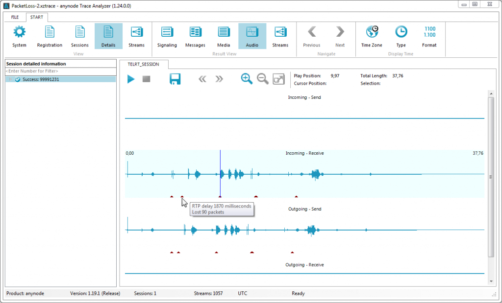 anynode Trace Analyzer Audiodarstellung mit Packet Loss Overlay