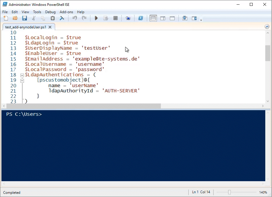 Using the PowerShell script, a user was added to the user management of anynode. In the script, further parameters such as access rights can be set individually.