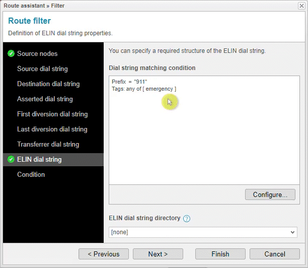 Animation:El asistente de rutas incluye un nuevo filtro de rutas con la definición de las propiedades de los números de marcado ELIN. La información de localización se recupera externamente de un directorio de números de marcado.