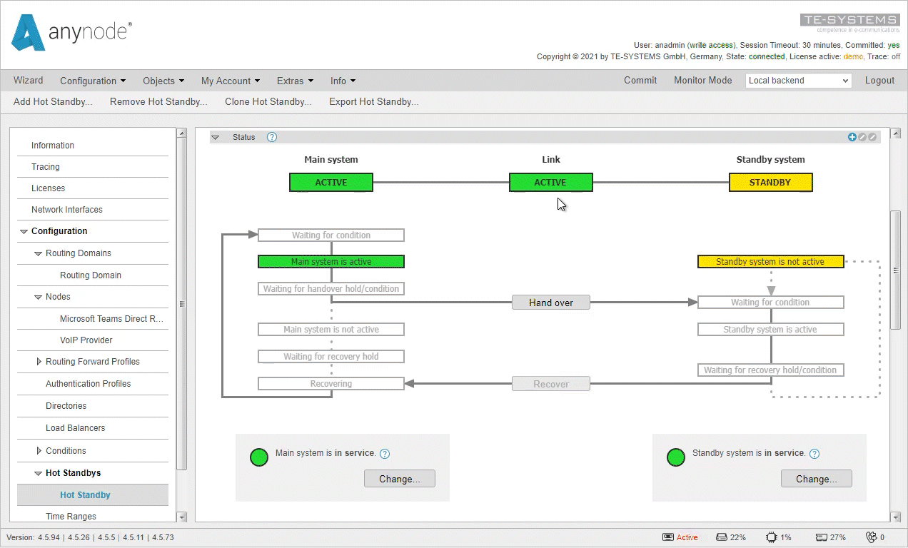 The new graphical user interface for hot standby displays all conditions for switching between systems and the current state. Switching to the standby system is possible within the graphical user interface. After switching to the standby system, all tasks are taken over there.