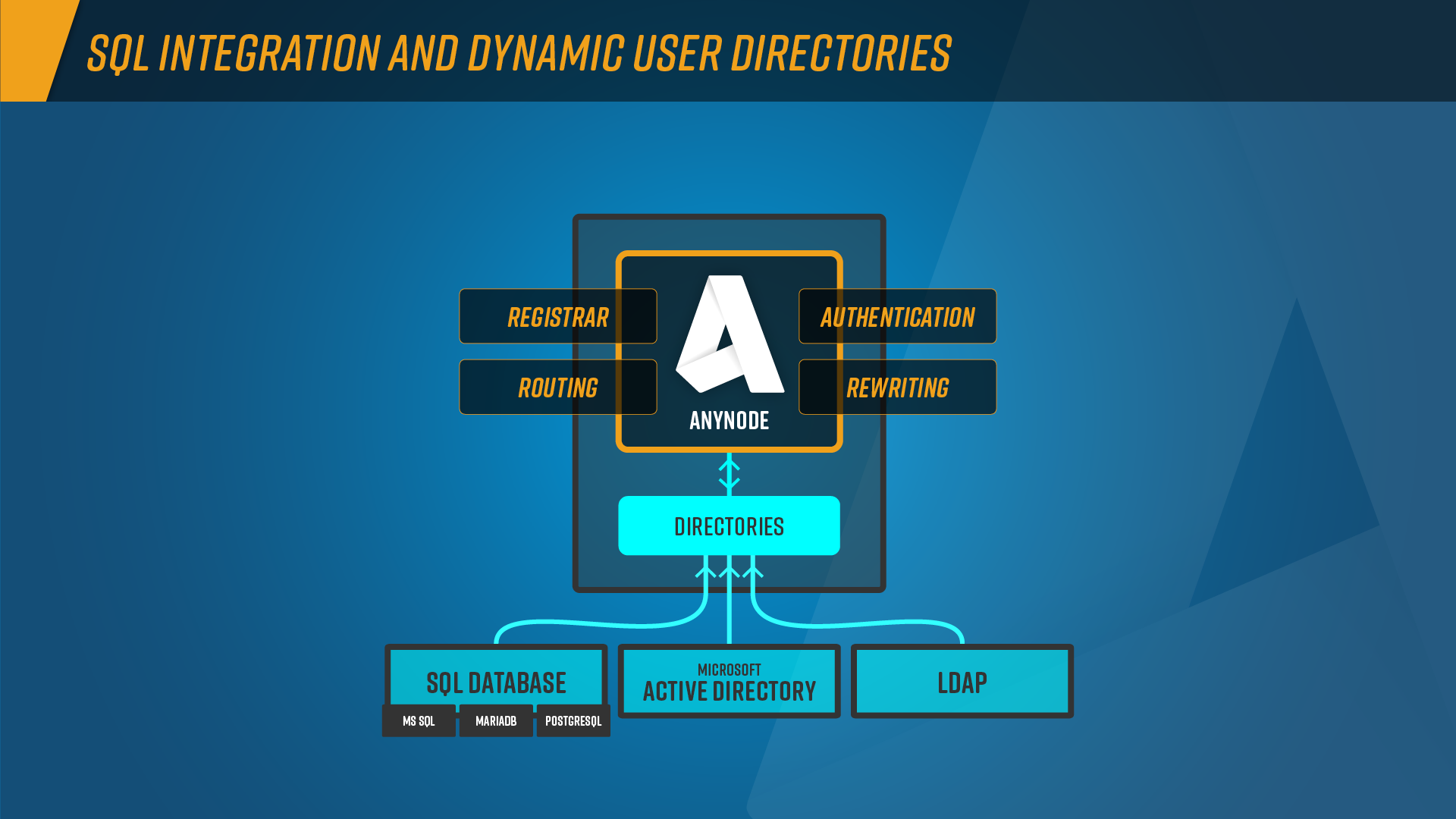 anynode infographic: Obtaining routing information, rewriting phone numbers, authentication, and a registrar from an SQL database or other dynamic data sources such as Microsoft Active Directory or LDAP.
