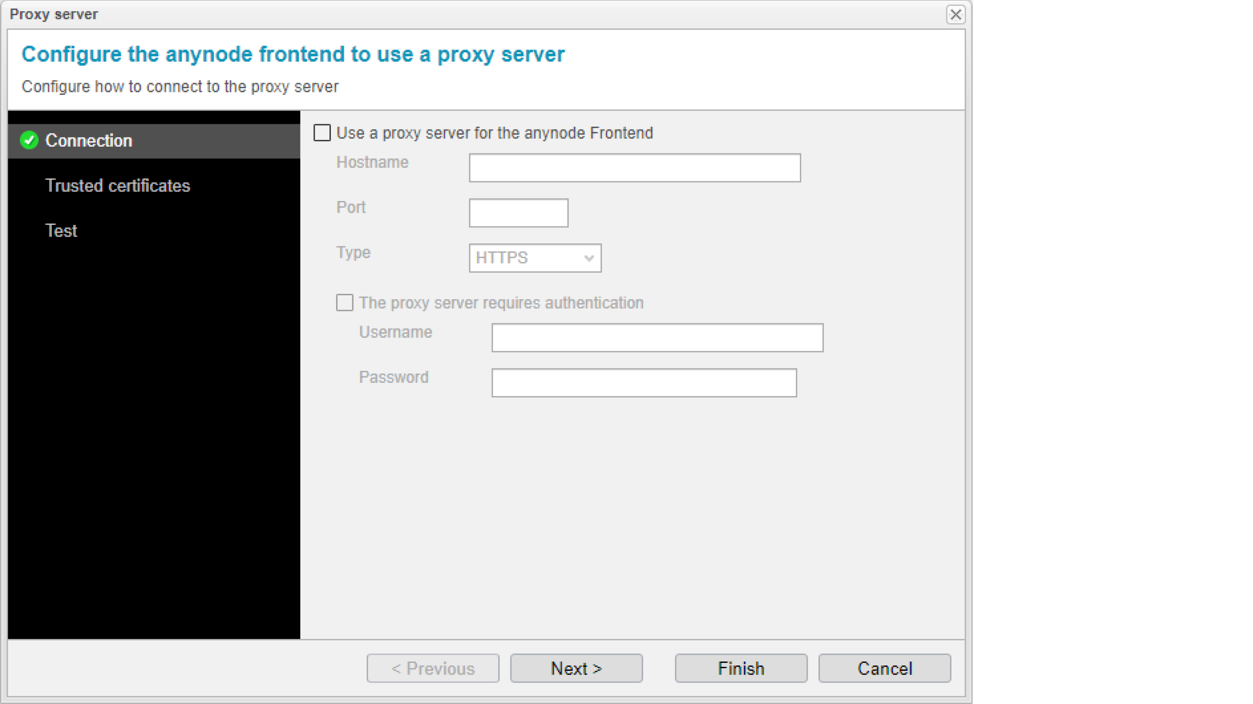 Screenshot: Con el nuevo Asistente de Servidor Proxy, se puede configurar un servidor proxy para acceder al frontend de anynode. A continuación, es posible realizar una prueba de conexión inmediatamente.