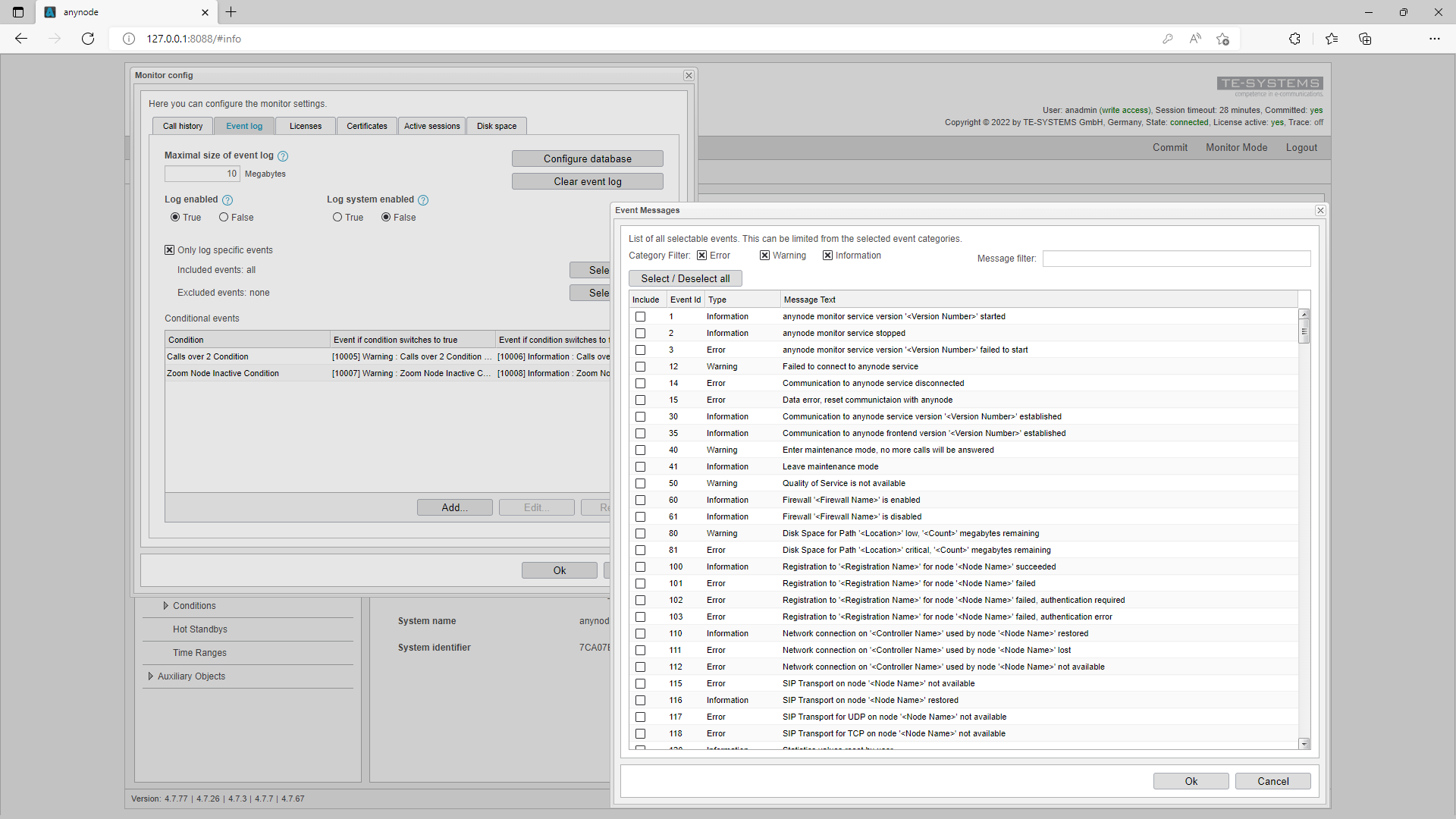 Screeenshot: Configuración del registro de eventos en el monitor con una lista de eventos seleccionables.