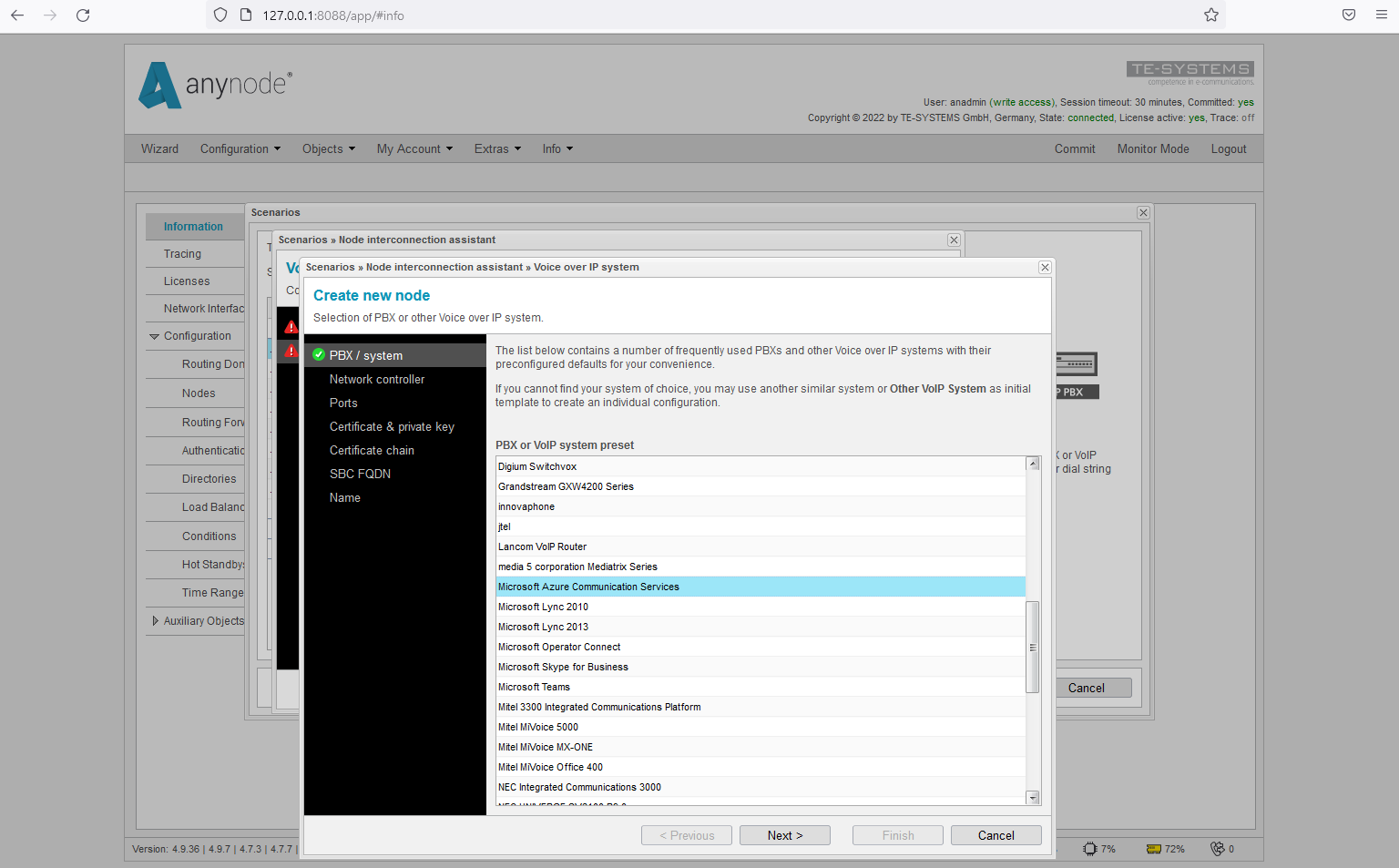 Screenshot: Sistema de Servicios de Comunicación de Microsoft Azure en el Asistente de Interconexión de Nodos.