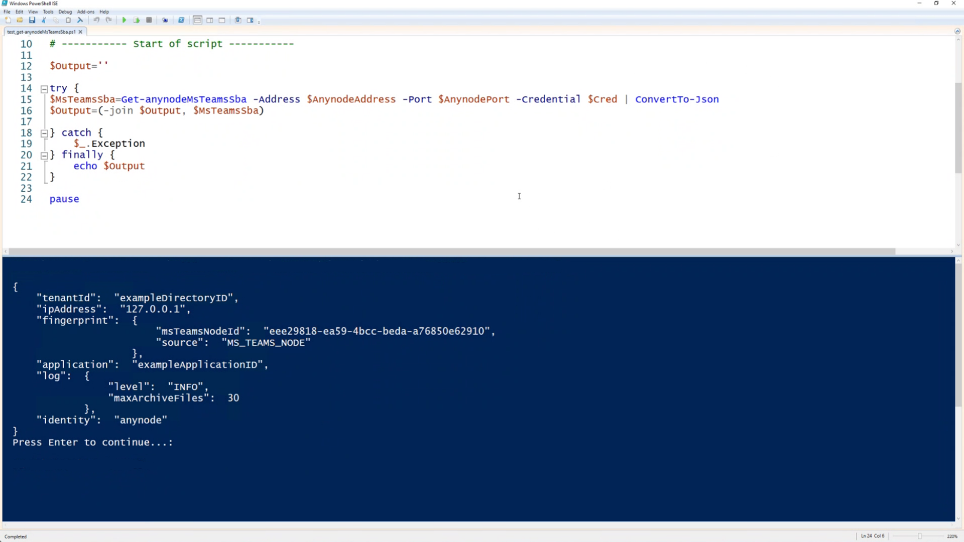 Screenshot: Recuperar la configuración de la SBA a través de PowerShell [Get-anynodeMsTeamsSba].