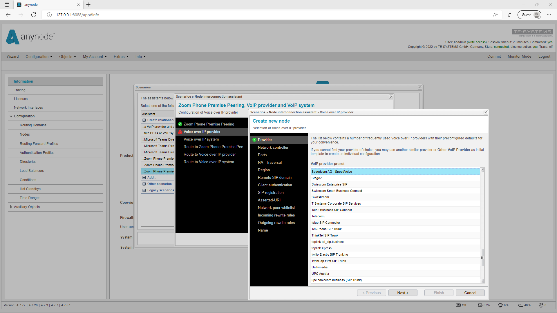 Screenshot: Das neue Provider-Profil von Speedcom AG im Node Interconnection Assistant des Scenario Wizards