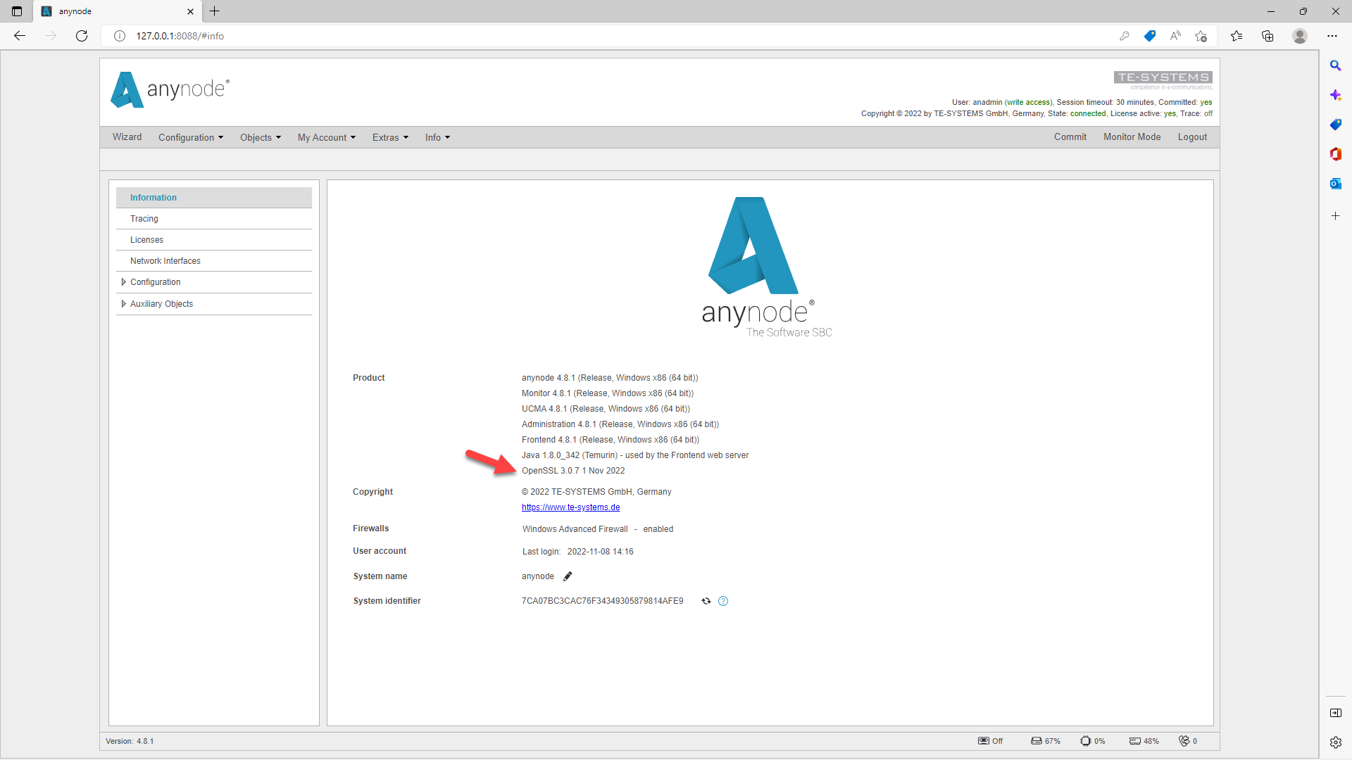 Screenshot: La pantalla de inicio ofrece una visión general de las versiones de los diferentes servicios que componen anynode.