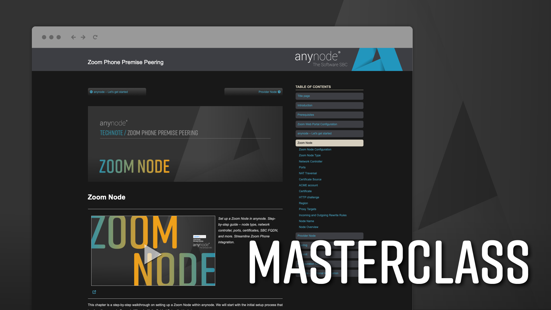 Graphic shows documentation of  Masterclass “Zoom Phone Premise Peering with anynode – The Software SBC” on https://docs.anynode.de/anynode-technote-en-zoom-phone-premise-peering/index.html