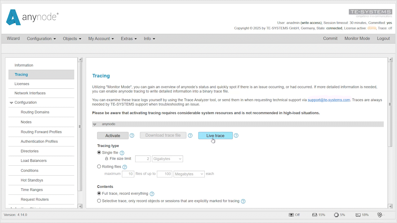 Animation: Start von einem Live Trace direkt aus dem Browser von einem anynode, welches unter Linux / Ubuntu läuft. Der Browser, von dem aus auf das anynode-Frontend zugegriffen wird und der Trace Analyzer müssen unter Windows laufen.