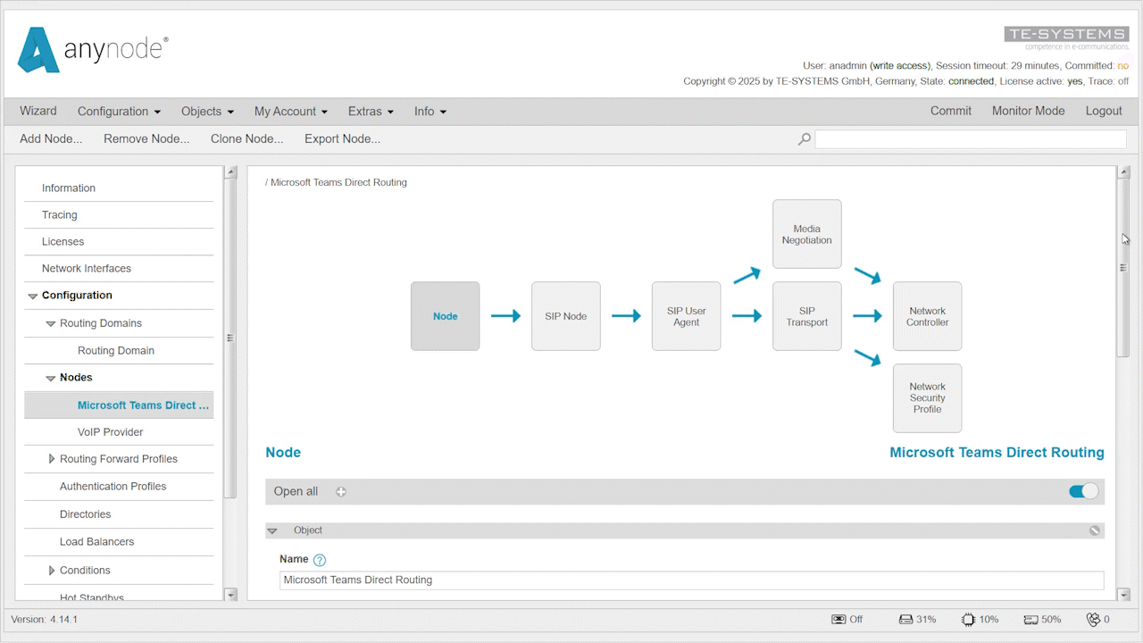 Kurzvideo: anynode Frontend mit der SNMP-Indexierung für einen Microsoft Teams Direct Routing Node. Im externen Monitoring Programm (Zabbix) wird das als Node 1 ausgelesen.