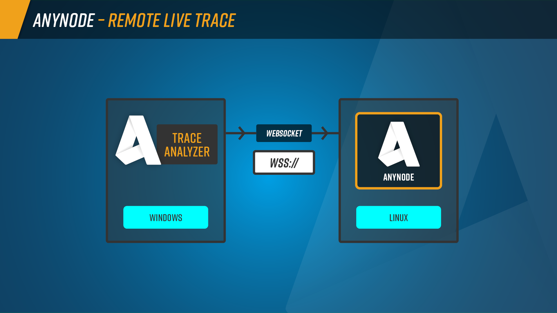 Infografik: Zugriff mit dem anynode Trace Analyzer unter Windows auf das anynode Frontend unter Linux. Der Browser, mit dem auf das Frontend zugegriffen wird, muss auf einem Windows System laufen. 