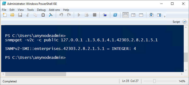 Screenshot: SNMP-Abfrage über Windows PowerShell ISE für den Hot Standby Link Status. Der Wert 4 bedeutet "Link aktiv".