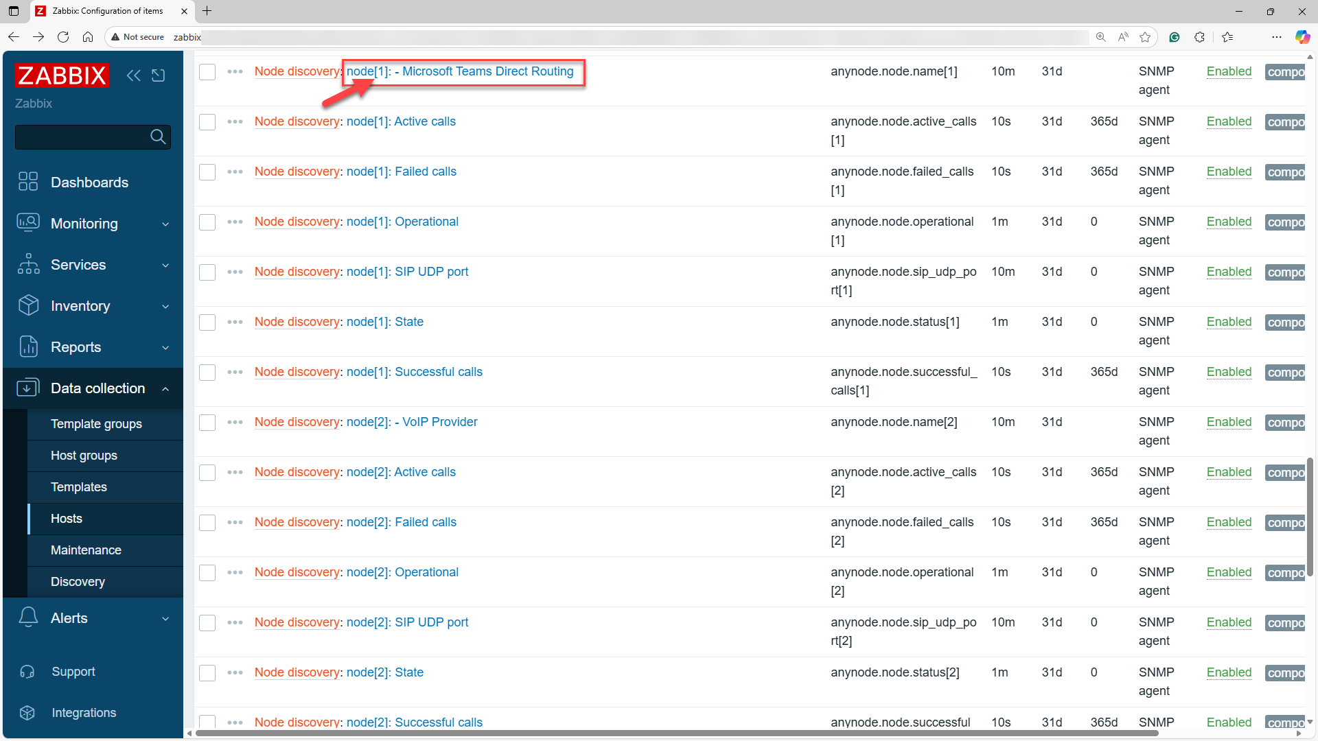 Screenshot: Darstellung der anynode SNMP-Node-Daten in Zabbix. Durch fest zugeordnete SNMP-Indizes bleiben die Werte für Nodes, Anrufstatistiken und Zustände konsistent, auch nach Systemänderungen.