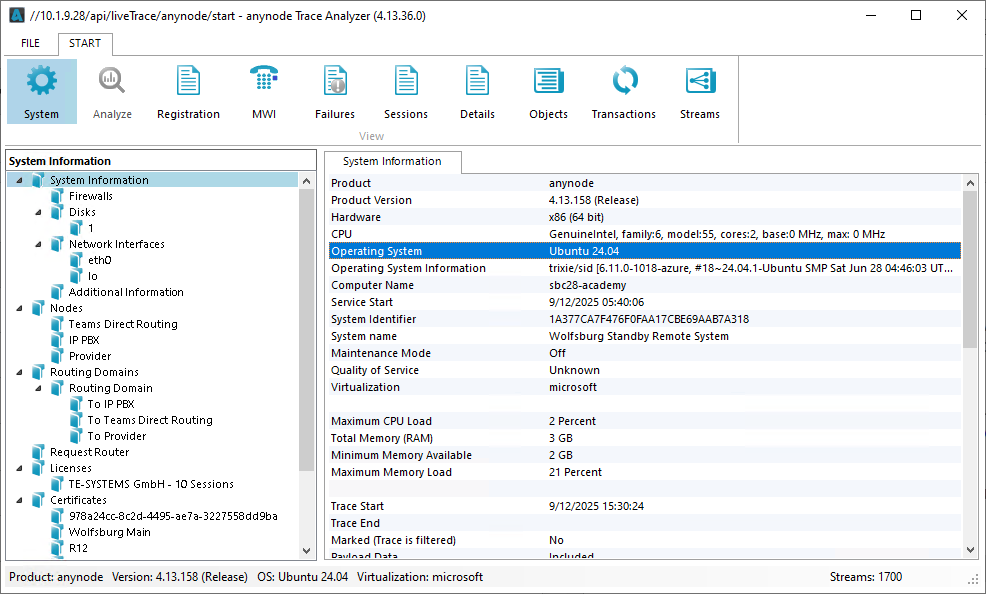 Screenshot: Remote Live Trace von einem Linux-Ubuntu 24.04-System.