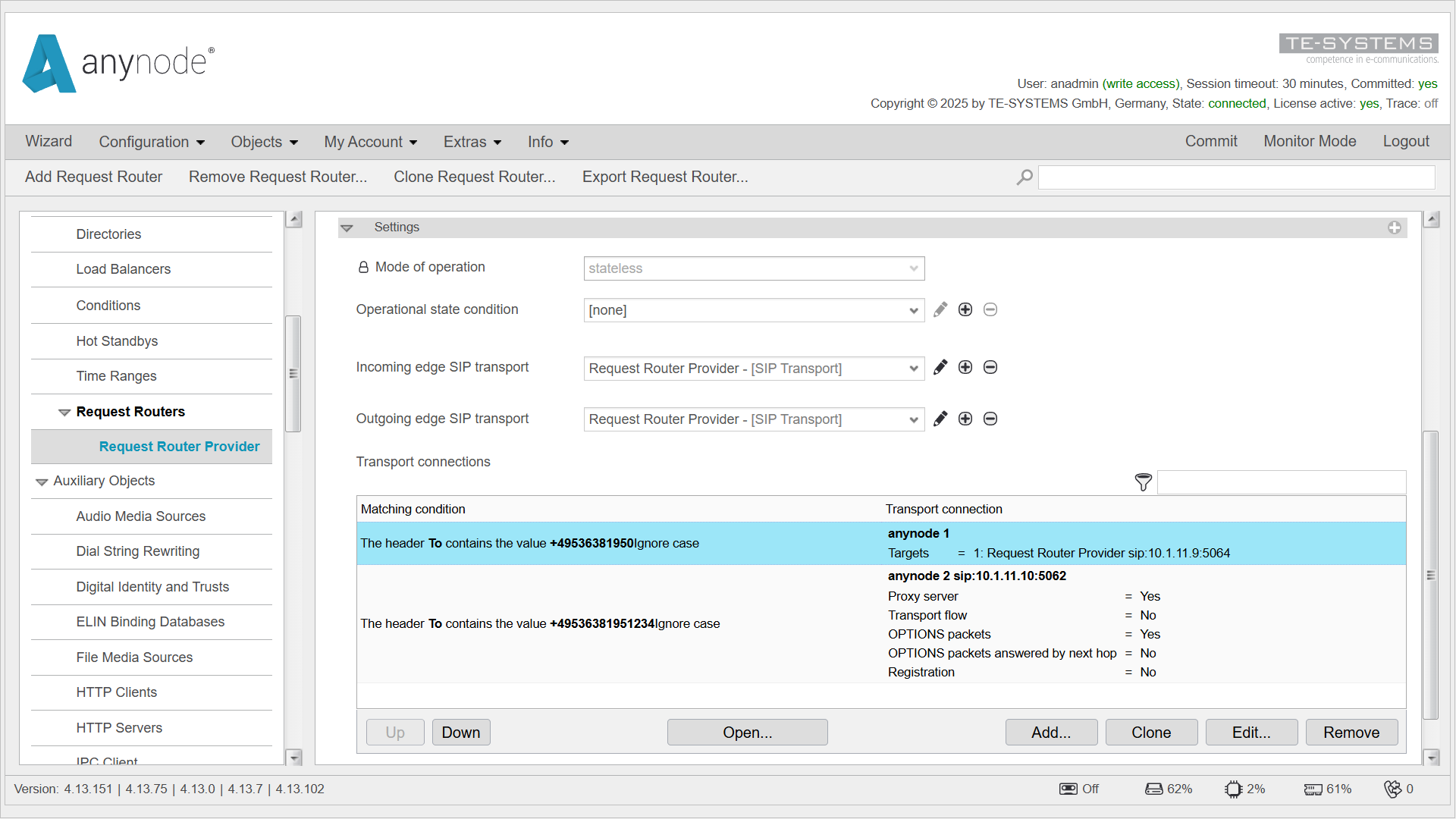 Screenshot: Request Router Konfiguration mit zwei anynode-Zielsystemen. Die Rufe werden anhand des TO-Headers auf die Zielsysteme verteilt.