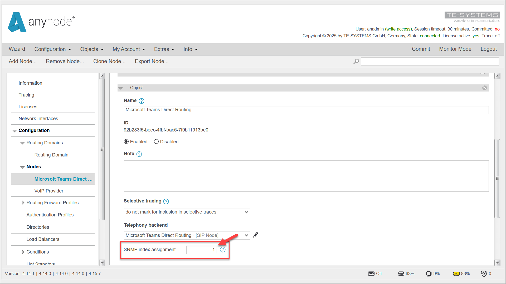 Screenshot: anynode Frontend mit der SNMP-Indexierung eines Nodes.