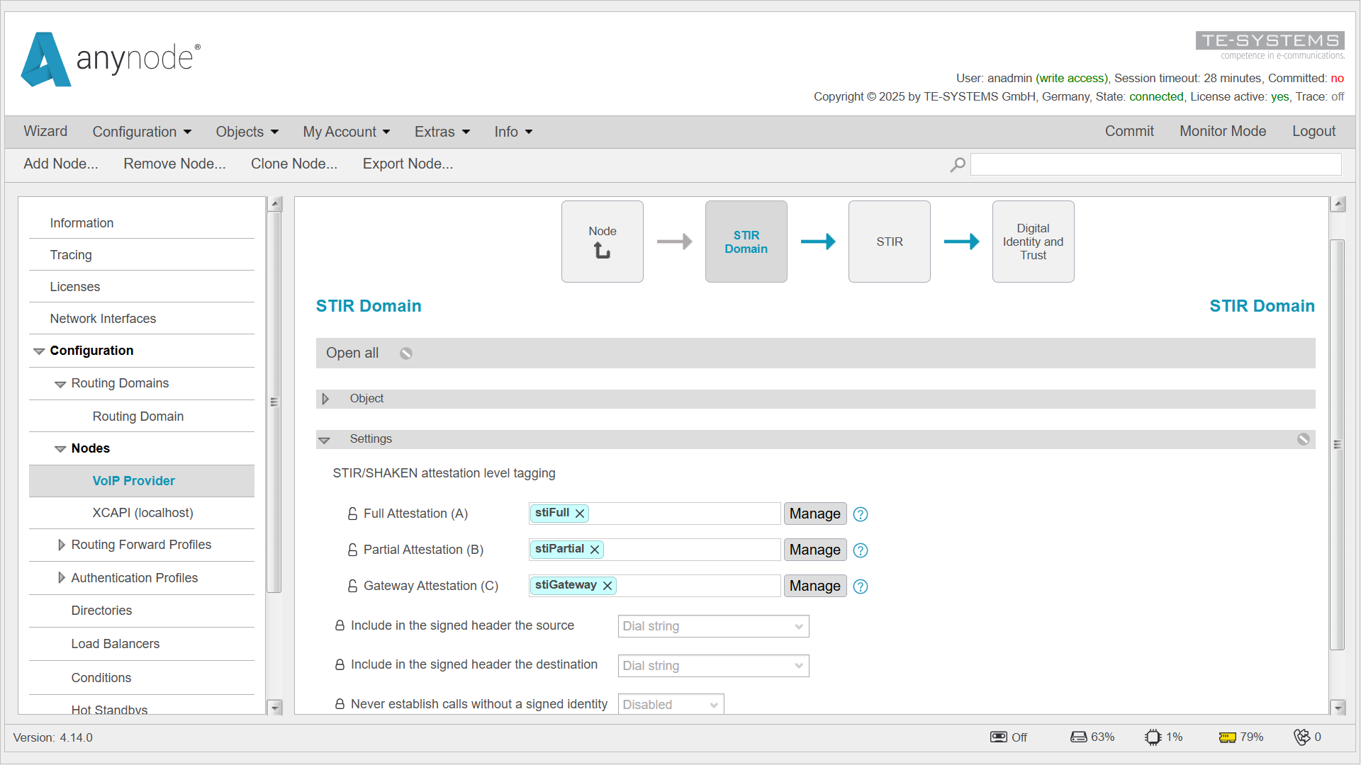 Screenshot: anynode Frontend mit der Einrichtung einer STIR-Domain und vorbereiteten Attestierungsleveln.