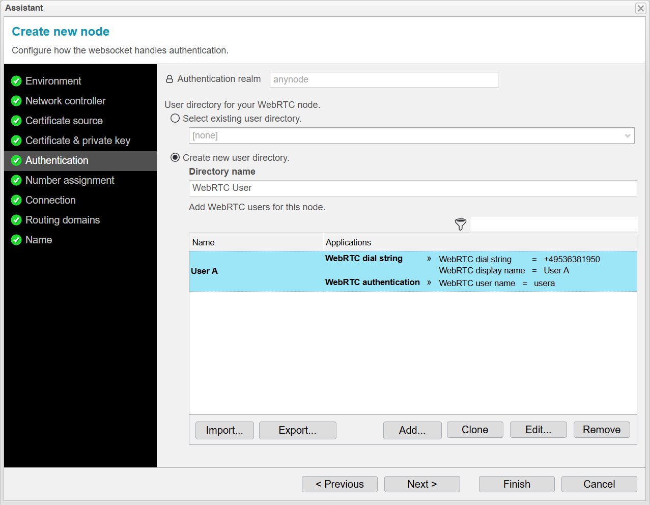 Screenshot: anynode Frontend mit dem Assistenten für einen Web RTC Node und der Funktion, Benutzer für WebRTC in einem User Directory hinzuzufügen.