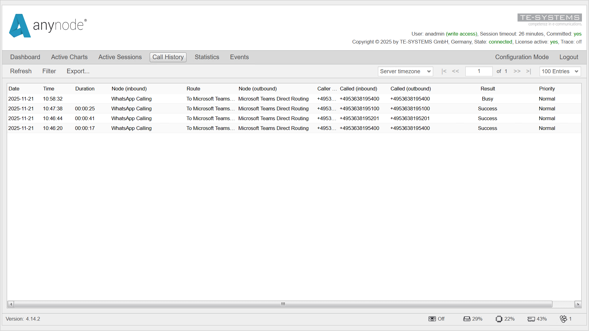 Screenshot: anynode frontend displaying the call history in Monitor Mode. All incoming WhatsApp calls were processed like regular SIP sessions and forwarded to the existing infrastructure, in this case to Microsoft Teams Direct Routing.