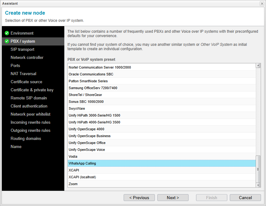 Screenshot: anynode Frontend mit dem Assistenten für die Einrichtung eines WhatsApp Calling-Nodes.